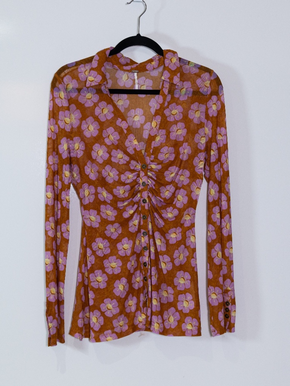 Free People Lucky Shirtee Ruched Mesh Button Up Floral Coffee Combo Blouse Top M